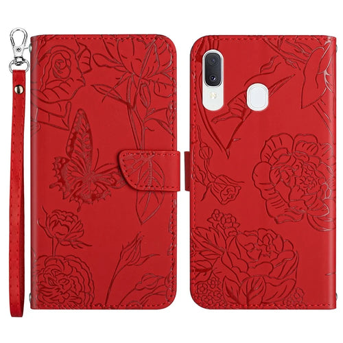 For Samsung Galaxy A20e Skin-touch Feeling Leather Phone Stand Cover Butterfly Flower Pattern Imprinted Flip Wallet Shell with Wrist Strap - Red - 1