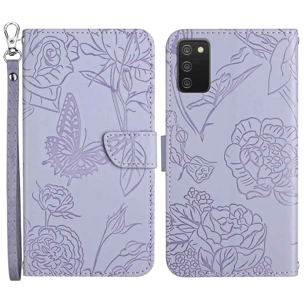 Wallet Phone Case for Samsung Galaxy A03s (166.5mm) PU Leather Cover Butterflies Imprint Anti-fall Stand Case with Strap - Purple - 1