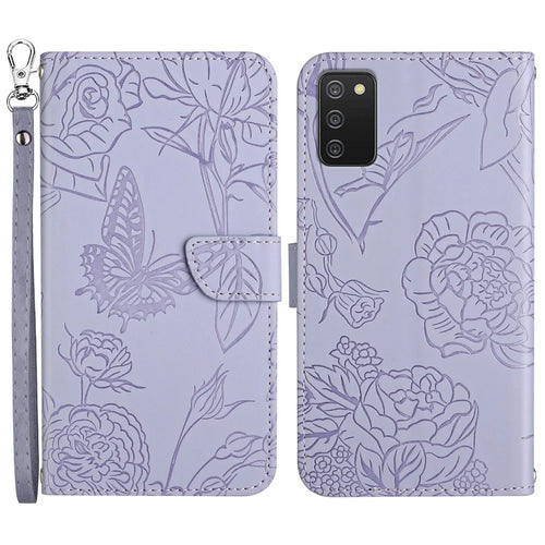 Wallet Phone Case for Samsung Galaxy A03s (166.5mm) PU Leather Cover Butterflies Imprint Anti-fall Stand Case with Strap - Purple - 1