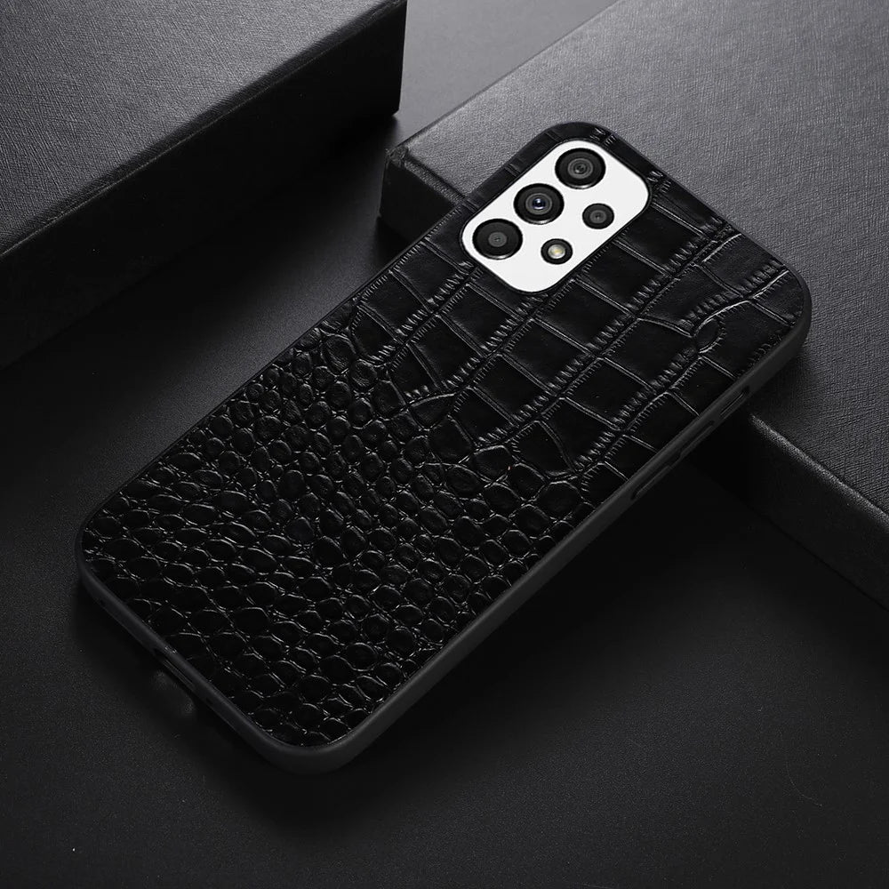 For Samsung Galaxy A73 5G Phone Case Crocodile Texture Shockproof Cover Genuine Cowhide Leather Coated PC + TPU Cover - Black - 2