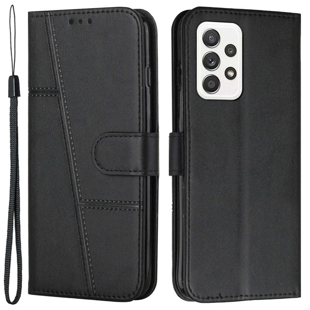 For Samsung Galaxy A23 5G (Global Version) / 4G PU Leather Stitching Bookstyle Phone Case Wallet Stand TPU Shockproof Interior Protective Cover with Strap - Black - 1