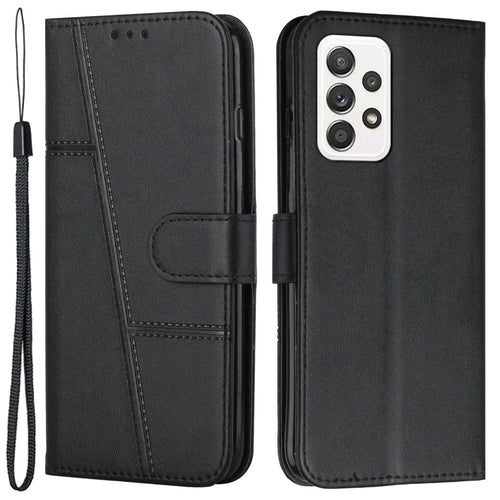 For Samsung Galaxy A23 5G (Global Version) / 4G PU Leather Stitching Bookstyle Phone Case Wallet Stand TPU Shockproof Interior Protective Cover with Strap - Black - 1