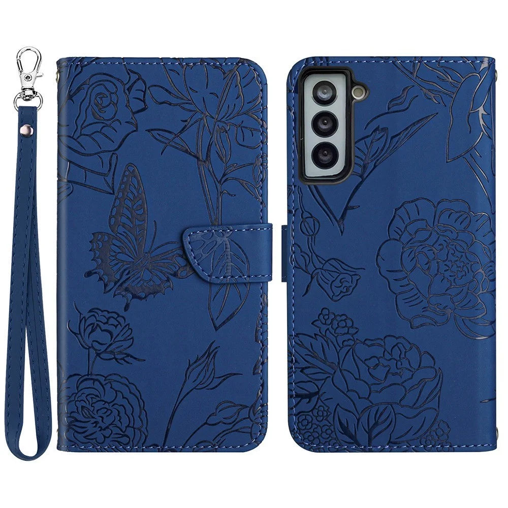 Imprinting Butterfly Flower Phone Case for Samsung Galaxy S22 5G, Skin-touch Wallet Stand PU Leather Cover with Hand Strap - Blue - 1