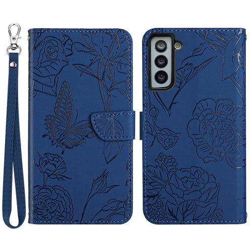 Imprinting Butterfly Flower Phone Case for Samsung Galaxy S22 5G, Skin-touch Wallet Stand PU Leather Cover with Hand Strap - Blue - 1