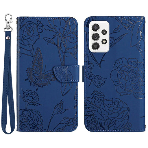 Butterfly Flower Imprinted Phone Cover for Samsung Galaxy A53 5G, Wallet Function Skin-touch PU Leather Stand Shell with Hand Strap - Blue - 1