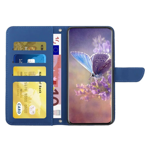 Butterfly Flower Imprinted Phone Cover for Samsung Galaxy A53 5G, Wallet Function Skin-touch PU Leather Stand Shell with Hand Strap - Blue - 2