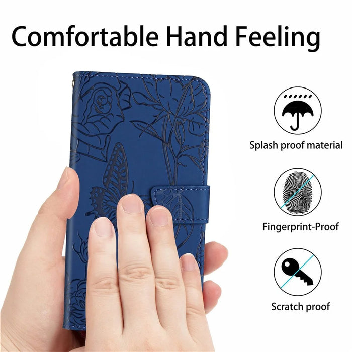 Butterfly Flower Imprinted Phone Cover for Samsung Galaxy A53 5G, Wallet Function Skin-touch PU Leather Stand Shell with Hand Strap - Blue - 6