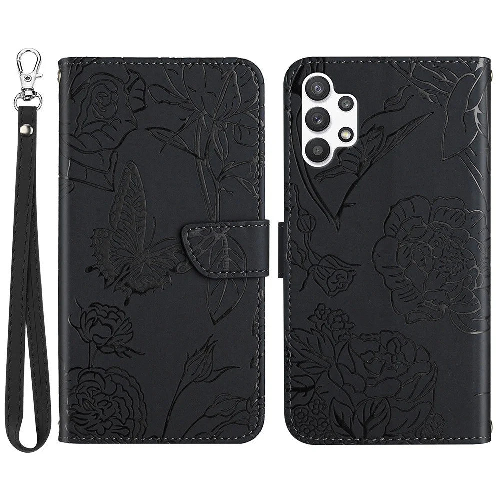 For Samsung Galaxy A13 4G Imprinted Butterfly Flower Wallet Case Skin-touch PU Leather Stand Hand Strap Shockproof Protective Cover - Black - 1