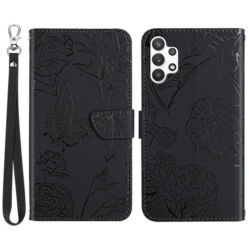 For Samsung Galaxy A13 4G Imprinted Butterfly Flower Wallet Case Skin-touch PU Leather Stand Hand Strap Shockproof Protective Cover - Black - 1