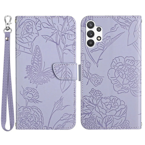 For Samsung Galaxy A23 5G (Global Version) / 4G Skin-touch Wallet Phone Case Butterfly Flower Imprinted PU Leather Stand Feature Flip Cover with Detachable Wrist Strap - Light Purple - 1