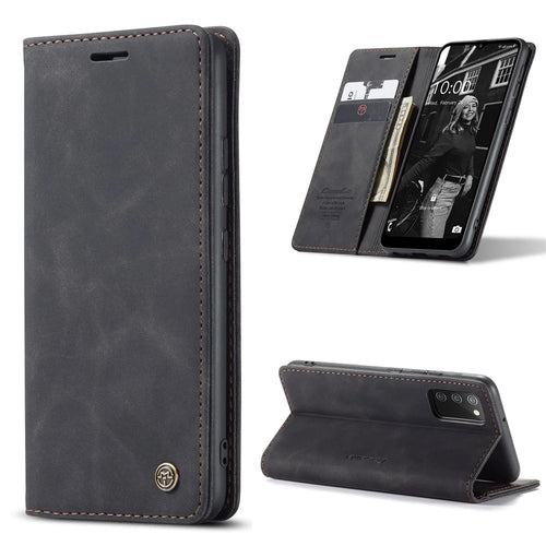 CASEME 013 Series for Samsung Galaxy A02s (166.5mm) PU Leather Wallet Case Hidden Magnetic Absorption Stand Feature Flip Cover - Black - 1