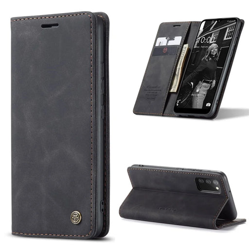 CASEME 013 Series for Samsung Galaxy A02s (166.5mm) PU Leather Wallet Case Hidden Magnetic Absorption Stand Feature Flip Cover - Black - 1