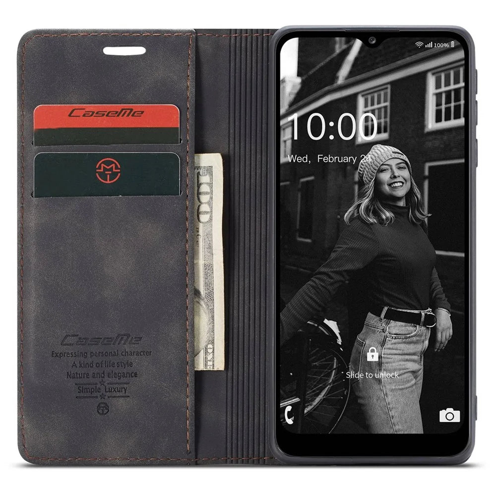CASEME 013 Series for Samsung Galaxy A02s (166.5mm) PU Leather Wallet Case Hidden Magnetic Absorption Stand Feature Flip Cover - Black - 2