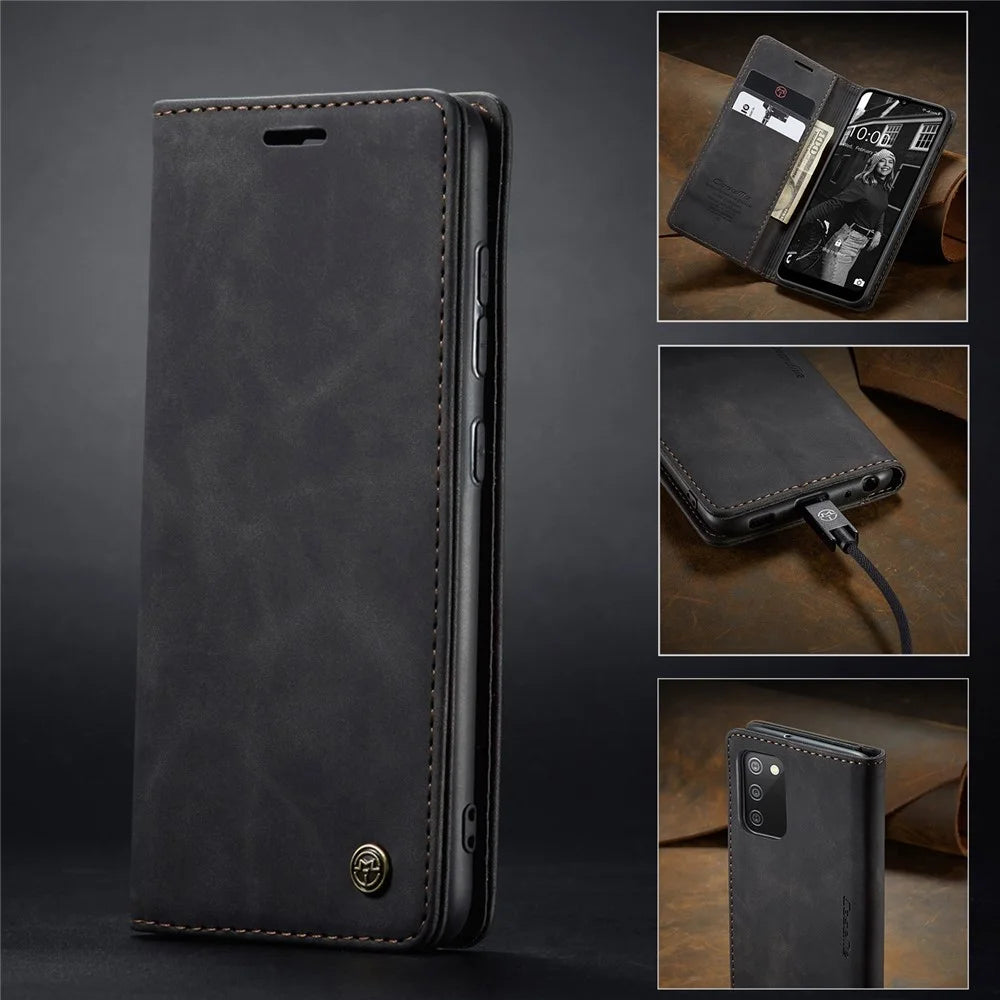 CASEME 013 Series for Samsung Galaxy A02s (166.5mm) PU Leather Wallet Case Hidden Magnetic Absorption Stand Feature Flip Cover - Black - 4