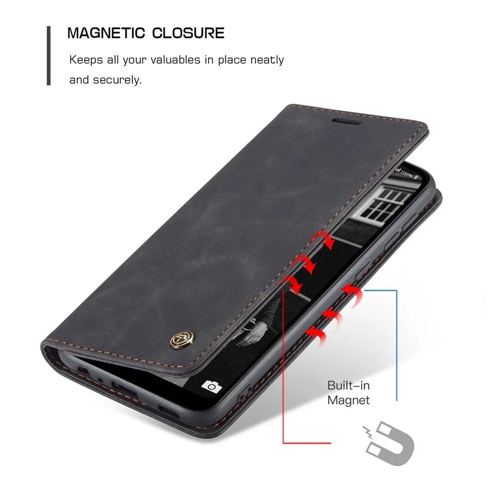 CASEME 013 Series for Samsung Galaxy A02s (166.5mm) PU Leather Wallet Case Hidden Magnetic Absorption Stand Feature Flip Cover - Black - 6