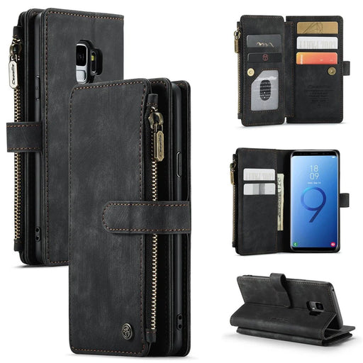 For Samsung Galaxy S9 Phone Cases with Strap CASEME C30 Zipper Multiple Card Holder PU Leather Cover - Black - 1