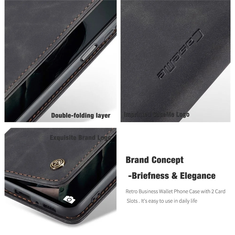 CASEME 013 Series Magnetic Smartphone Cover for Samsung Galaxy M51, PU Leather Wallet Foldable Stand Phone Case - Black - 6
