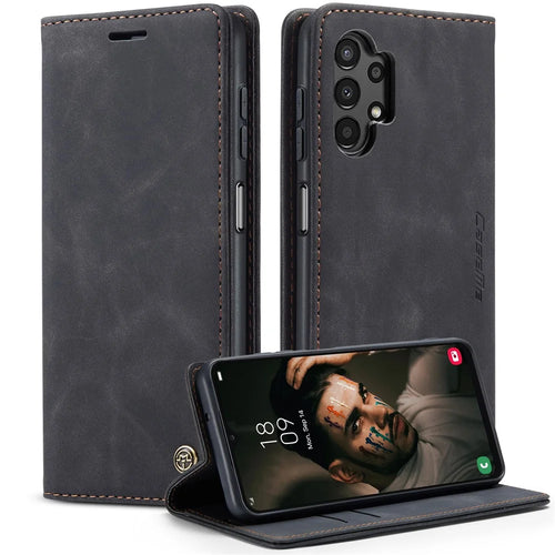 CASEME 013 Series Cell Phone Case Bag for Samsung Galaxy A13 4G, PU Leather Wallet Magnetic Design Card Slots Stand Phone Cover - Black - 1