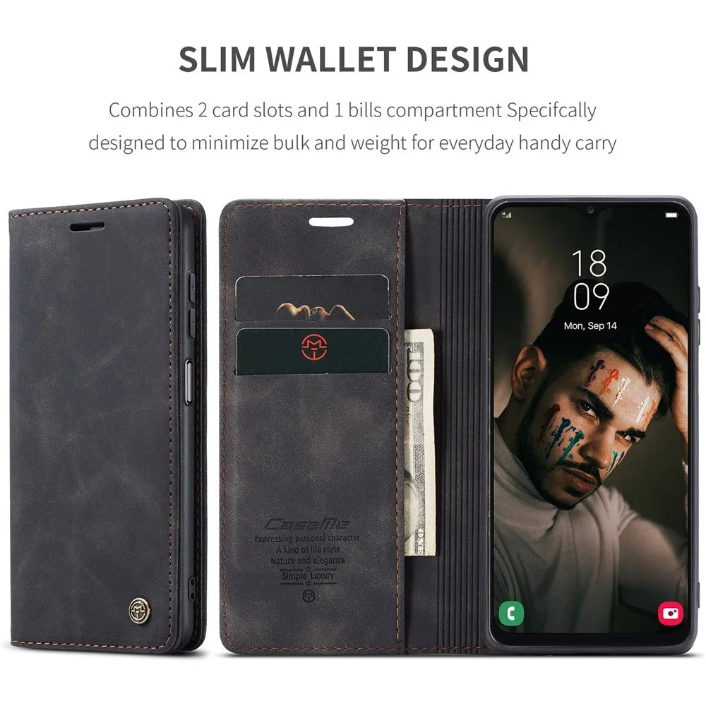 CASEME 013 Series Cell Phone Case Bag for Samsung Galaxy A13 4G, PU Leather Wallet Magnetic Design Card Slots Stand Phone Cover - Black - 4