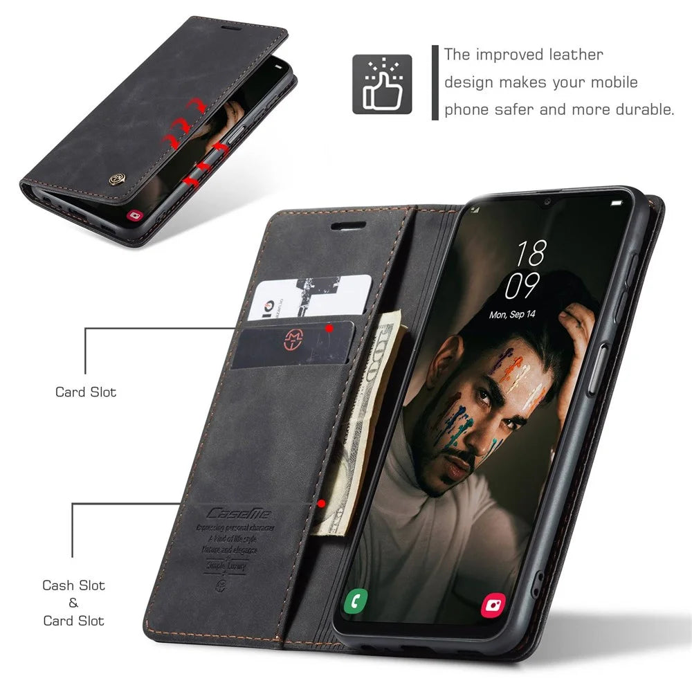 CASEME 013 Series Cell Phone Case Bag for Samsung Galaxy A13 4G, PU Leather Wallet Magnetic Design Card Slots Stand Phone Cover - Black - 5