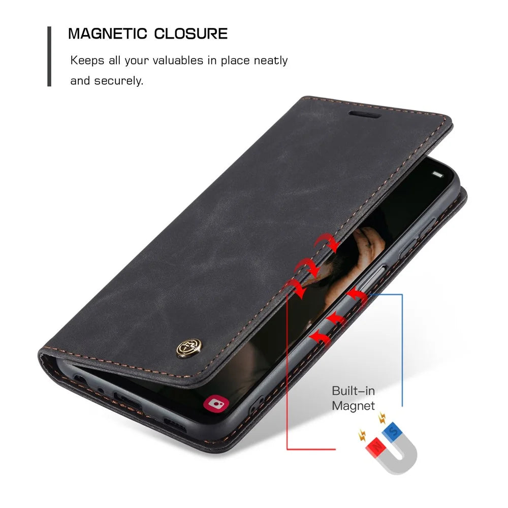 CASEME 013 Series Cell Phone Case Bag for Samsung Galaxy A13 4G, PU Leather Wallet Magnetic Design Card Slots Stand Phone Cover - Black - 6