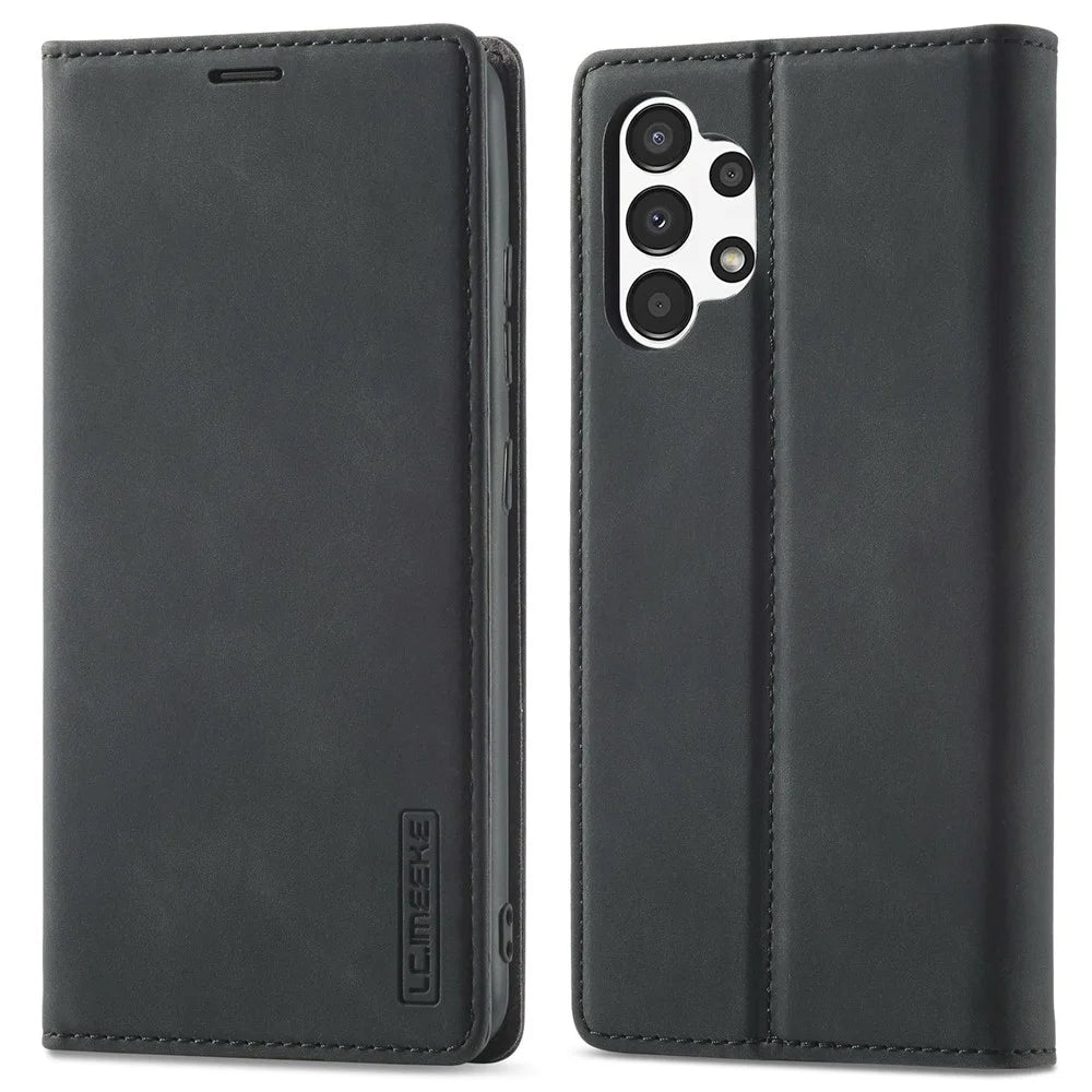LC.IMEEKE Strong Magnetic Suction Case for Samsung Galaxy A13 4G / A04 4G (164.4 x 76.3 x 9.1 mm), Well-protected Anti-fall Stand PU Leather Phone Cover - Black - 1