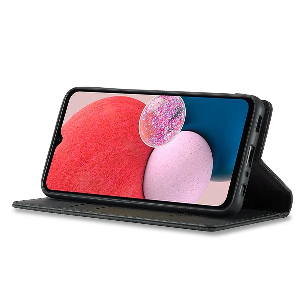LC.IMEEKE Strong Magnetic Suction Case for Samsung Galaxy A13 4G / A04 4G (164.4 x 76.3 x 9.1 mm), Well-protected Anti-fall Stand PU Leather Phone Cover - Black - 4