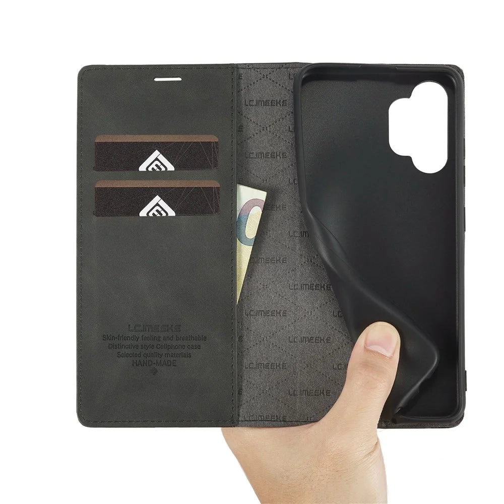 LC.IMEEKE Strong Magnetic Suction Case for Samsung Galaxy A13 4G / A04 4G (164.4 x 76.3 x 9.1 mm), Well-protected Anti-fall Stand PU Leather Phone Cover - Black - 7