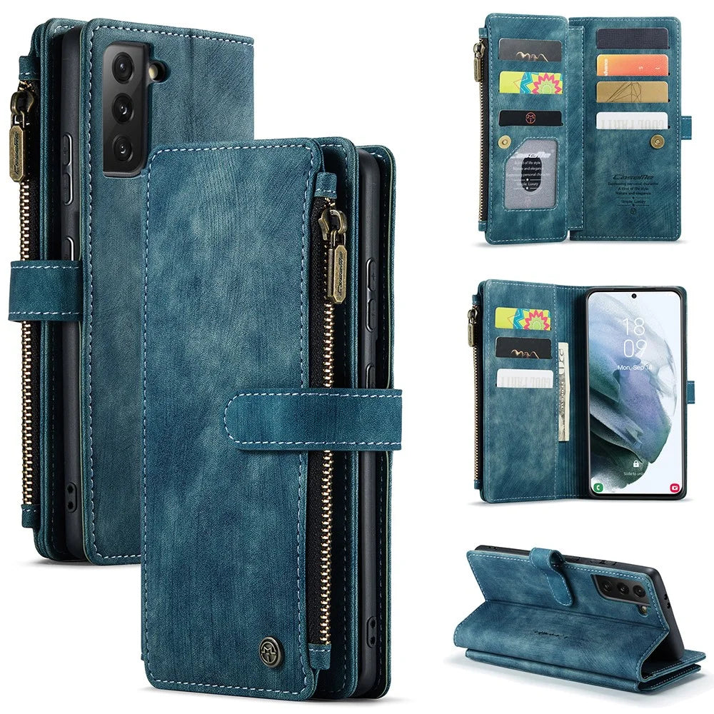 For Samsung Galaxy S21 FE 5G Phone Cases with Strap CASEME C30 Zipper Multiple Card Holder PU Leather Cover - Blue - 1