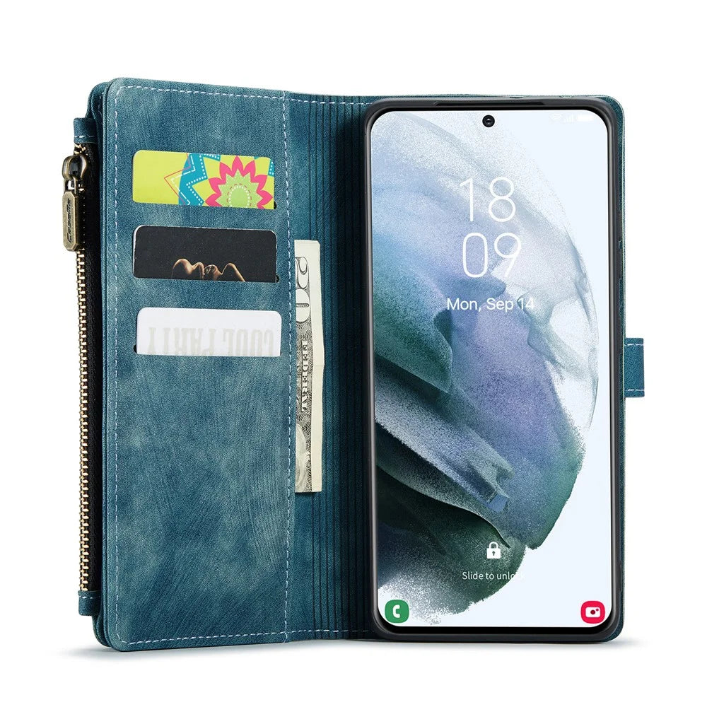 For Samsung Galaxy S21 FE 5G Phone Cases with Strap CASEME C30 Zipper Multiple Card Holder PU Leather Cover - Blue - 2