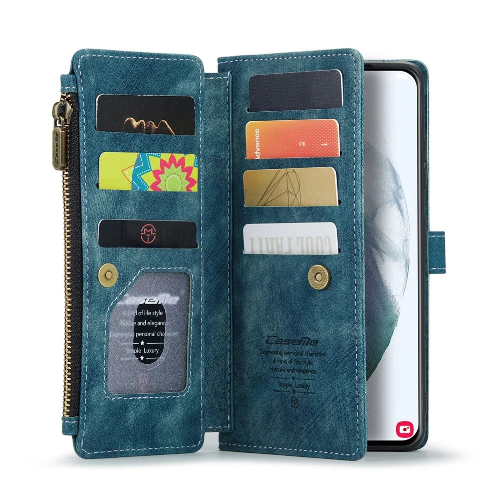 For Samsung Galaxy S21 FE 5G Phone Cases with Strap CASEME C30 Zipper Multiple Card Holder PU Leather Cover - Blue - 3