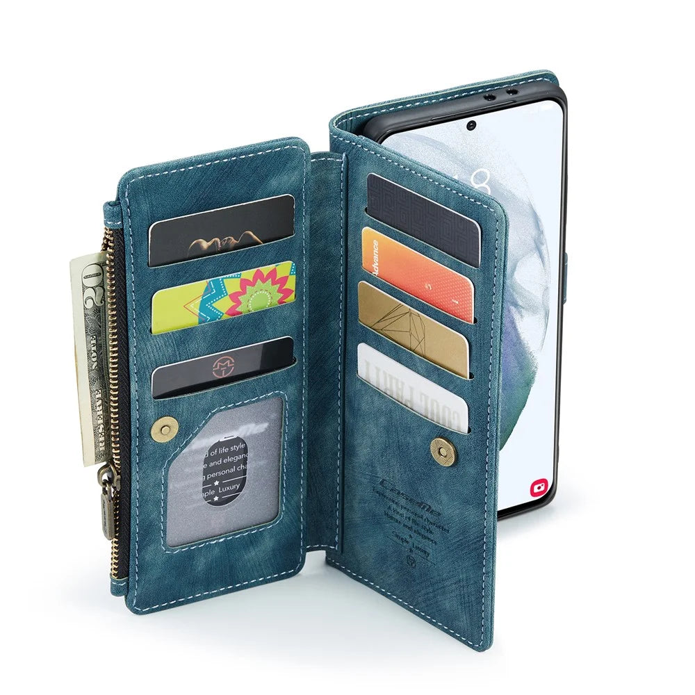 For Samsung Galaxy S21 FE 5G Phone Cases with Strap CASEME C30 Zipper Multiple Card Holder PU Leather Cover - Blue - 4