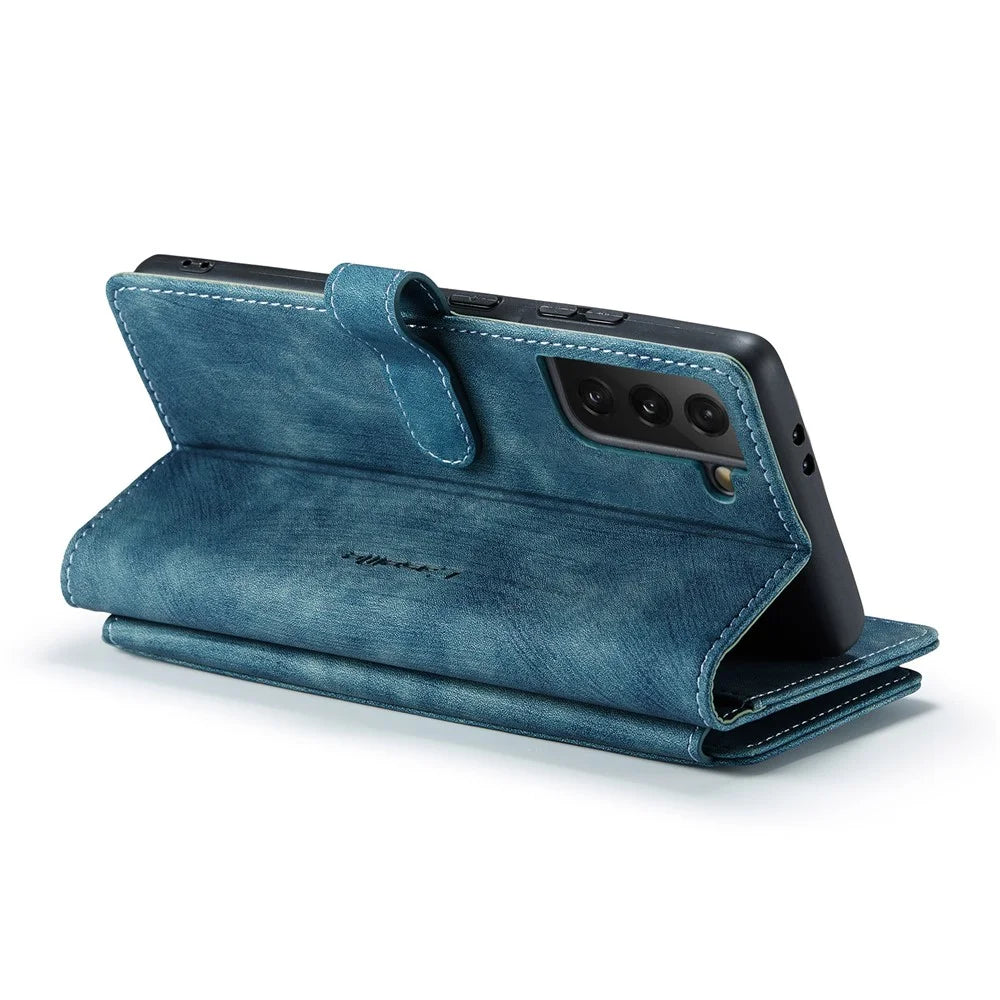 For Samsung Galaxy S21 FE 5G Phone Cases with Strap CASEME C30 Zipper Multiple Card Holder PU Leather Cover - Blue - 5