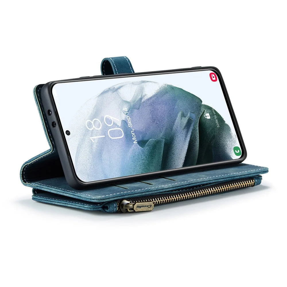 For Samsung Galaxy S21 FE 5G Phone Cases with Strap CASEME C30 Zipper Multiple Card Holder PU Leather Cover - Blue - 6