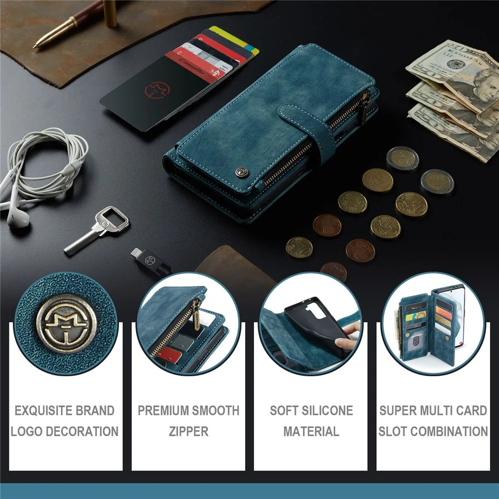 For Samsung Galaxy S21 FE 5G Phone Cases with Strap CASEME C30 Zipper Multiple Card Holder PU Leather Cover - Blue - 7