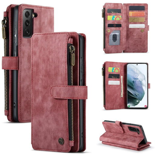 For Samsung Galaxy S22+ 5G Phone Cases with Strap CASEME C30 Zipper Multiple Card Holder PU Leather Cover - Red - 1