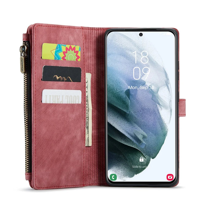 For Samsung Galaxy S22+ 5G Phone Cases with Strap CASEME C30 Zipper Multiple Card Holder PU Leather Cover - Red - 2