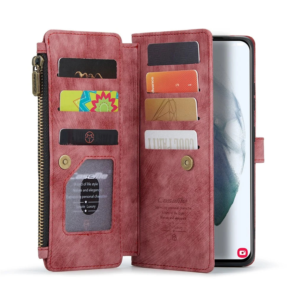 For Samsung Galaxy S22+ 5G Phone Cases with Strap CASEME C30 Zipper Multiple Card Holder PU Leather Cover - Red - 3