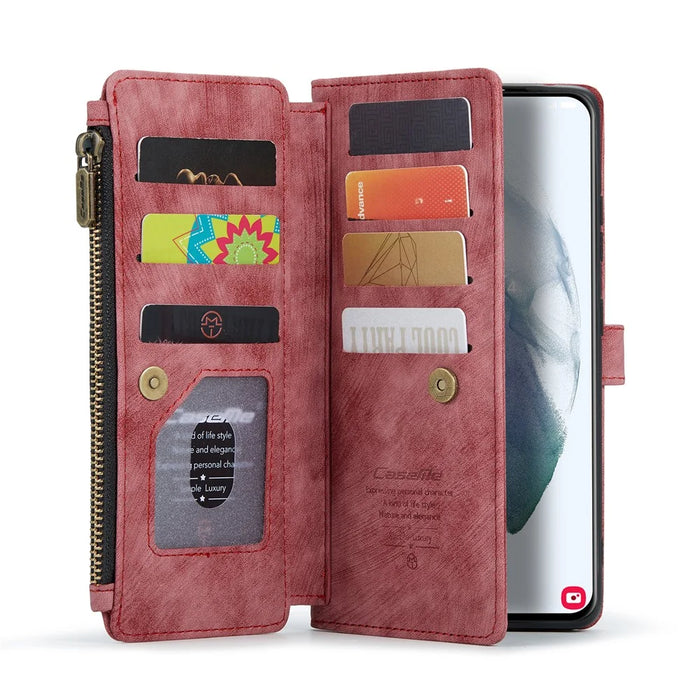 For Samsung Galaxy S22+ 5G Phone Cases with Strap CASEME C30 Zipper Multiple Card Holder PU Leather Cover - Red - 3