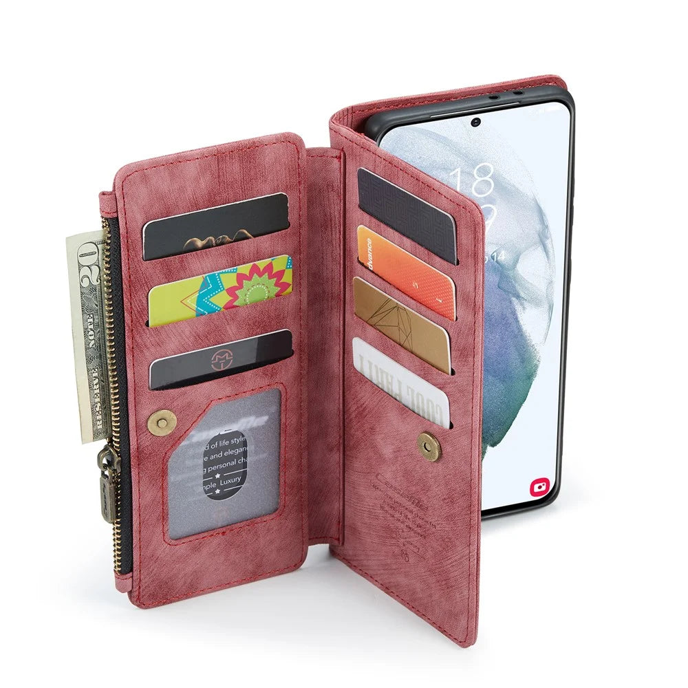 For Samsung Galaxy S22+ 5G Phone Cases with Strap CASEME C30 Zipper Multiple Card Holder PU Leather Cover - Red - 4