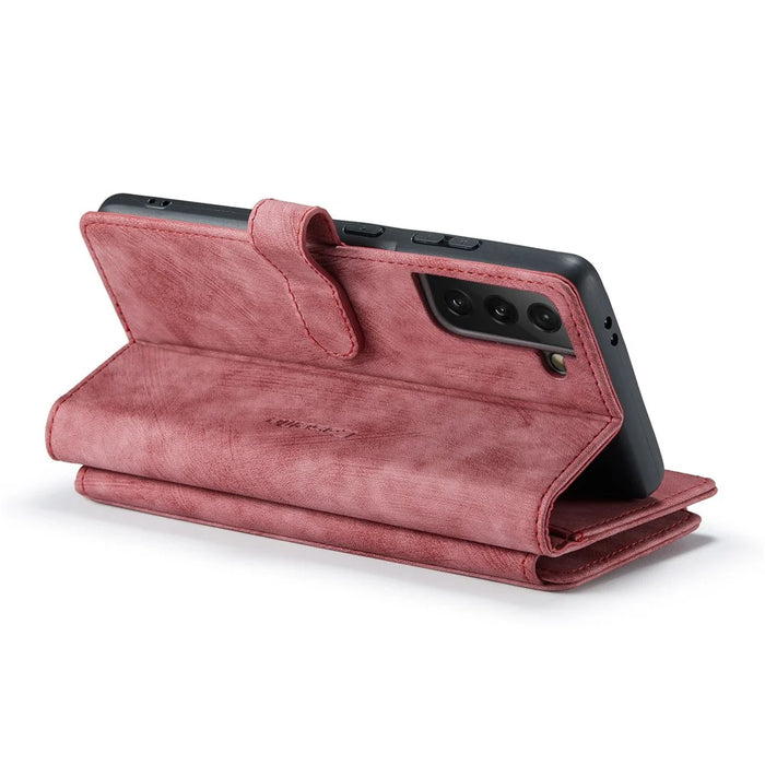 For Samsung Galaxy S22+ 5G Phone Cases with Strap CASEME C30 Zipper Multiple Card Holder PU Leather Cover - Red - 5