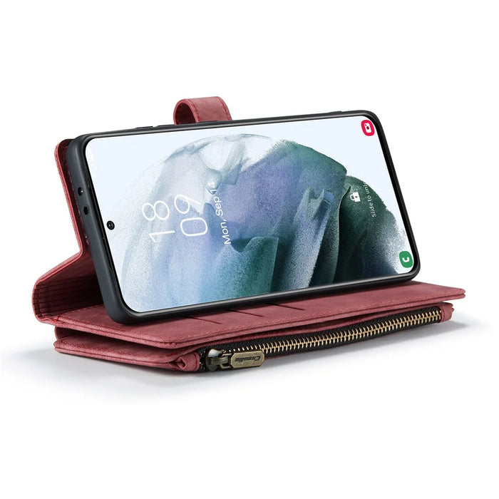 For Samsung Galaxy S22+ 5G Phone Cases with Strap CASEME C30 Zipper Multiple Card Holder PU Leather Cover - Red - 6