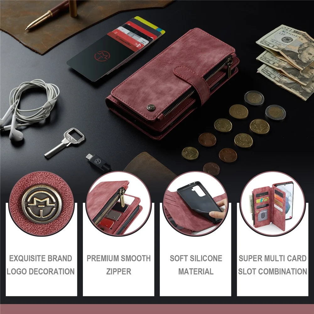 For Samsung Galaxy S22+ 5G Phone Cases with Strap CASEME C30 Zipper Multiple Card Holder PU Leather Cover - Red - 7