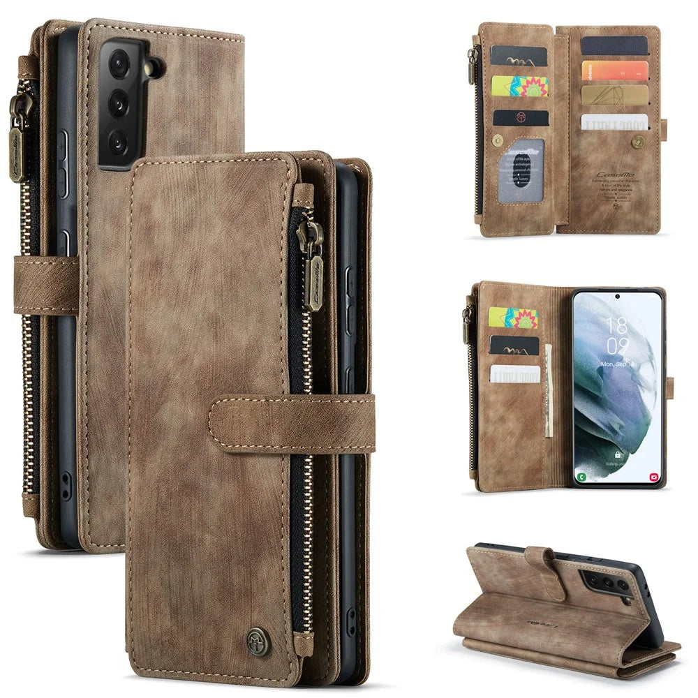 For Samsung Galaxy S22 5G Phone Cases with Strap CASEME C30 Zipper Multiple Card Holder PU Leather Cover - Brown - 1