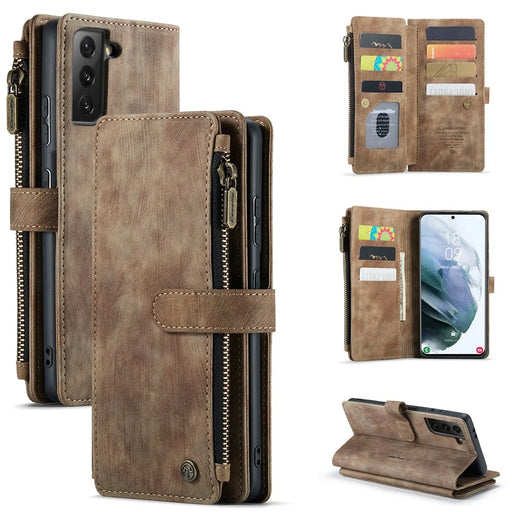 For Samsung Galaxy S22 5G Phone Cases with Strap CASEME C30 Zipper Multiple Card Holder PU Leather Cover - Brown - 1