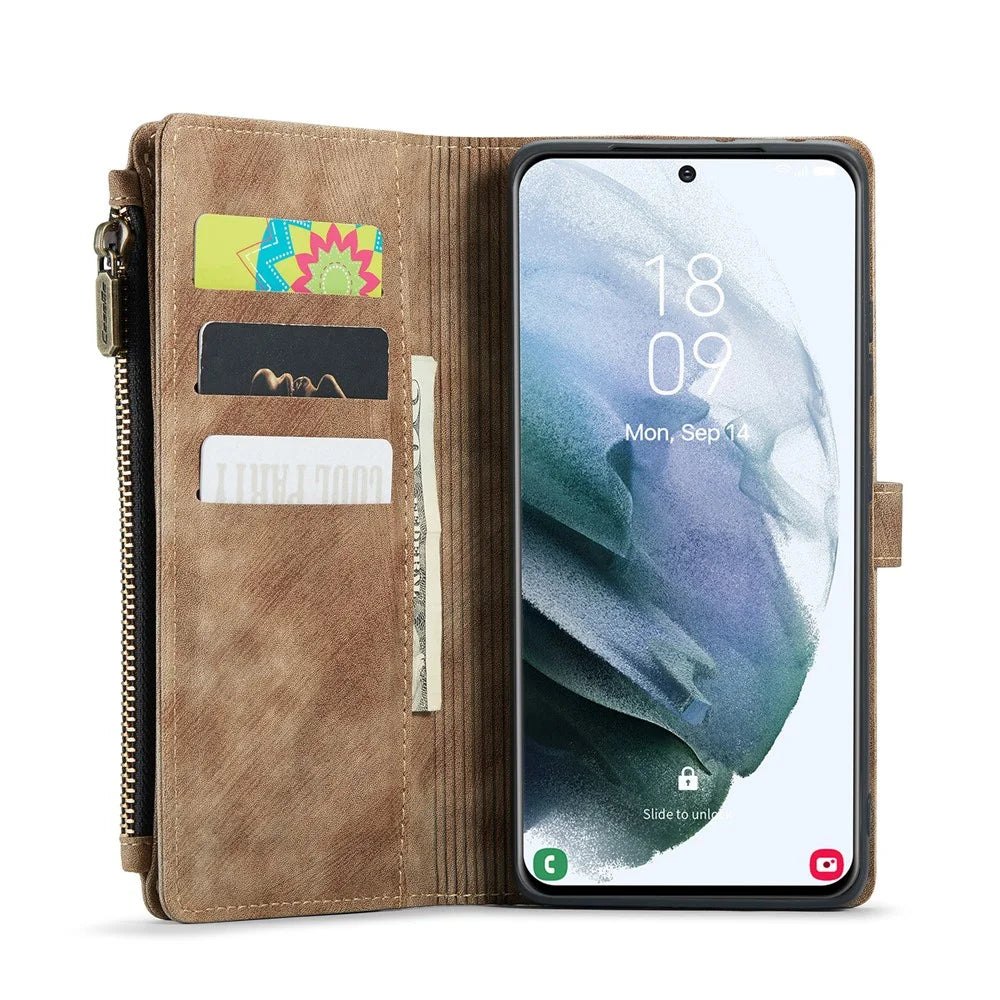 For Samsung Galaxy S22 5G Phone Cases with Strap CASEME C30 Zipper Multiple Card Holder PU Leather Cover - Brown - 2
