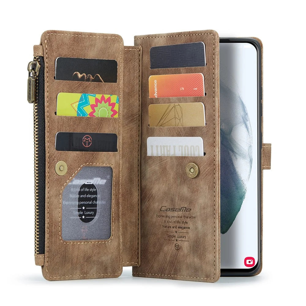For Samsung Galaxy S22 5G Phone Cases with Strap CASEME C30 Zipper Multiple Card Holder PU Leather Cover - Brown - 3