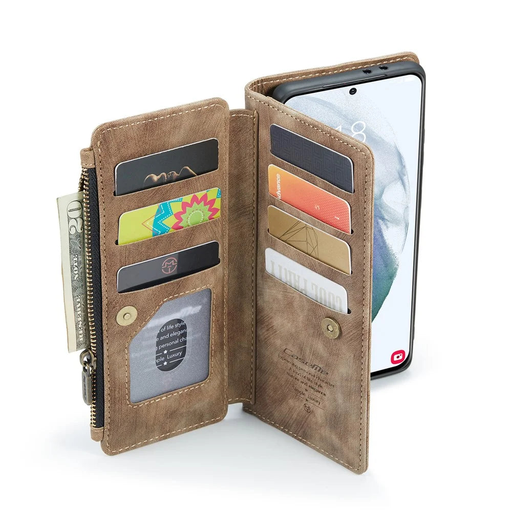 For Samsung Galaxy S22 5G Phone Cases with Strap CASEME C30 Zipper Multiple Card Holder PU Leather Cover - Brown - 4