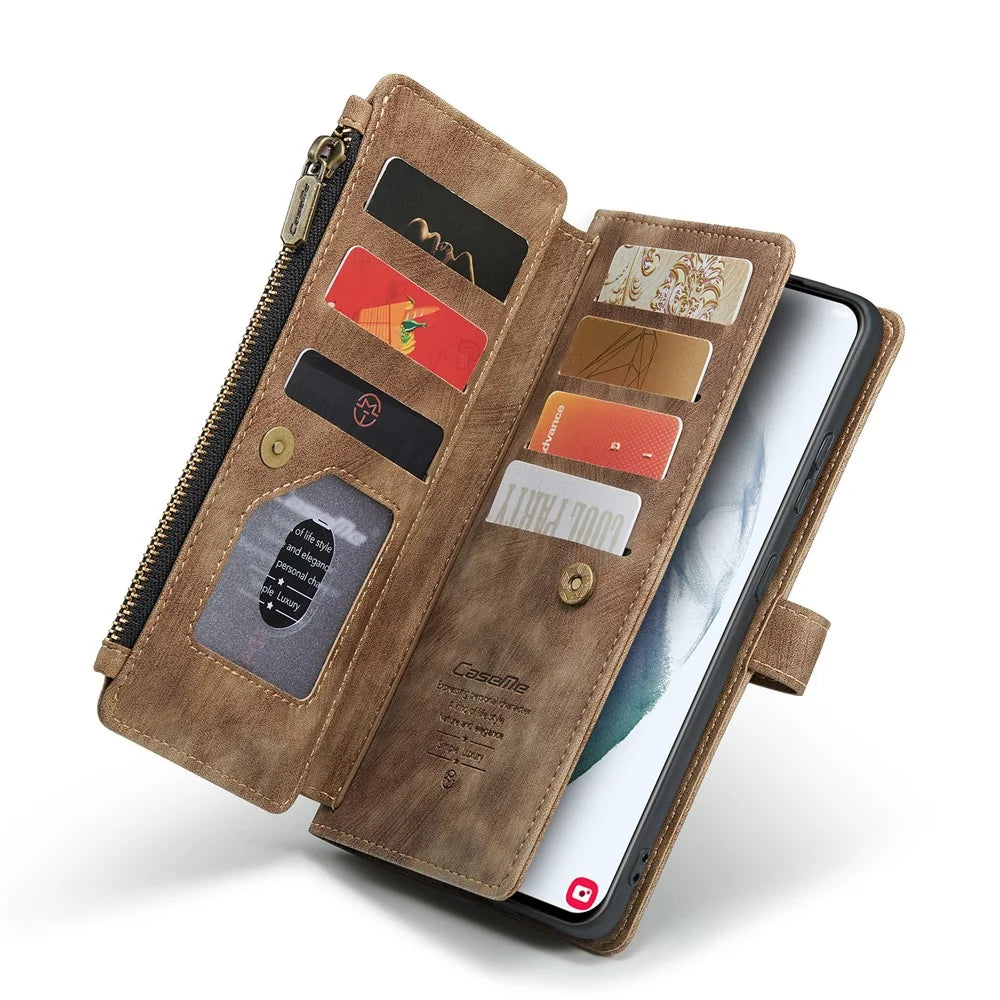 For Samsung Galaxy S22 5G Phone Cases with Strap CASEME C30 Zipper Multiple Card Holder PU Leather Cover - Brown - 5