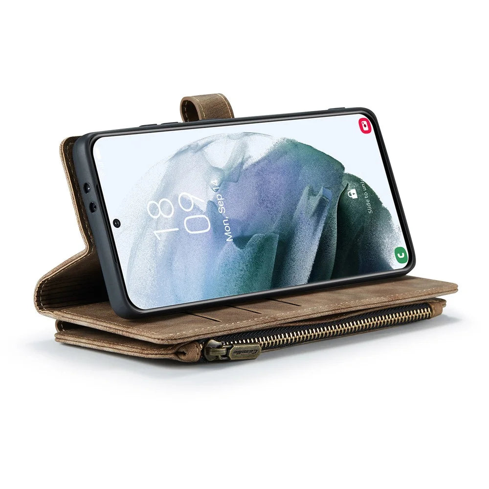 For Samsung Galaxy S22 5G Phone Cases with Strap CASEME C30 Zipper Multiple Card Holder PU Leather Cover - Brown - 7